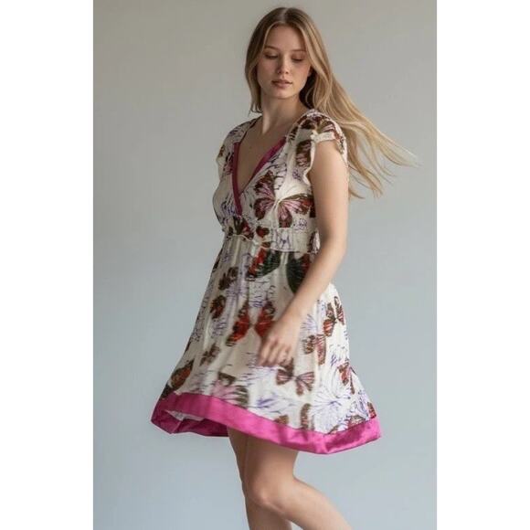 NWT Hale Bob Silk Butterfly Print Dress Pink Trim Size M Boho Resort Style - Picture 1 of 11